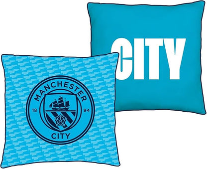 Character World Manchester City FC Official Blue Cushion, Super Soft Reversible 2 Sided, Soccer Club Crest Design, Perfect for Any Bedroom, Sofa or on The Bed 16 x 16 INCHES