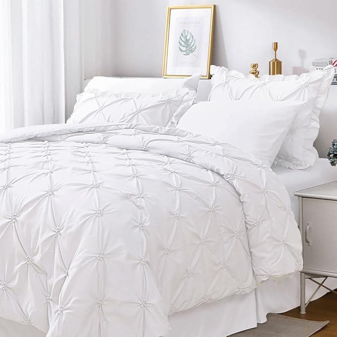 JOLLYVOGUE White Twin Size Comforter Sets 5 Pieces, Pintuck Bed in a Bag Comforter Set for Bedroom, Bedding Comforter Sets with Comforter, Sheets,Ruffled Shams & Pillowcases