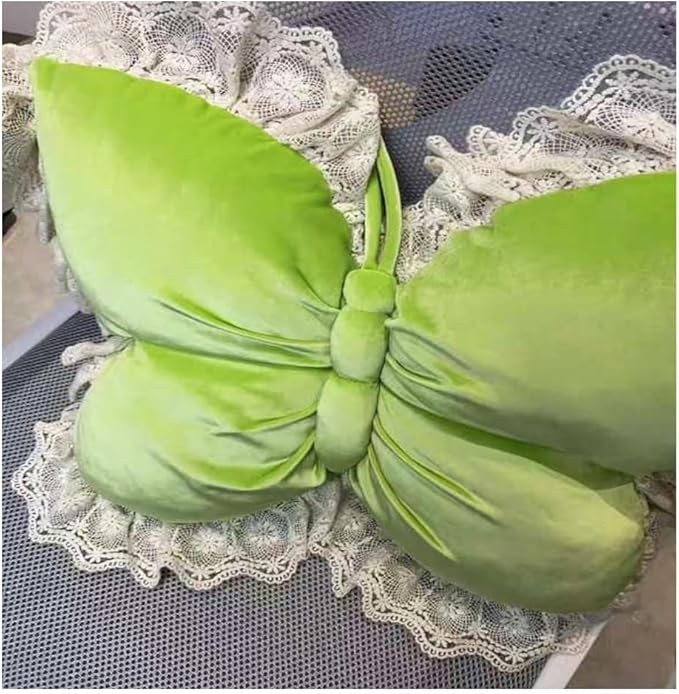 Butterfly Throw Pillow,21.6 inch Velvet Butterfly Decorative Pillow with Lace Trim,Animal Pillow for Couch Living Room Bed,Home Garden Decor (Green)