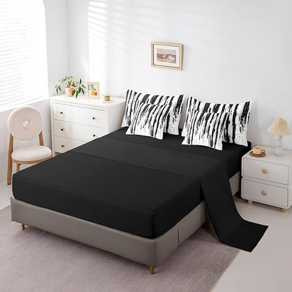 Erosebridal 7Pcs Black and White Boho King Comforter Set,Geometric Striped Abstract Bed in A Bag for Women Men Teens,Modern Art Aesthetic Bedding,White and Black Ink Quilt Set with Pillowcases