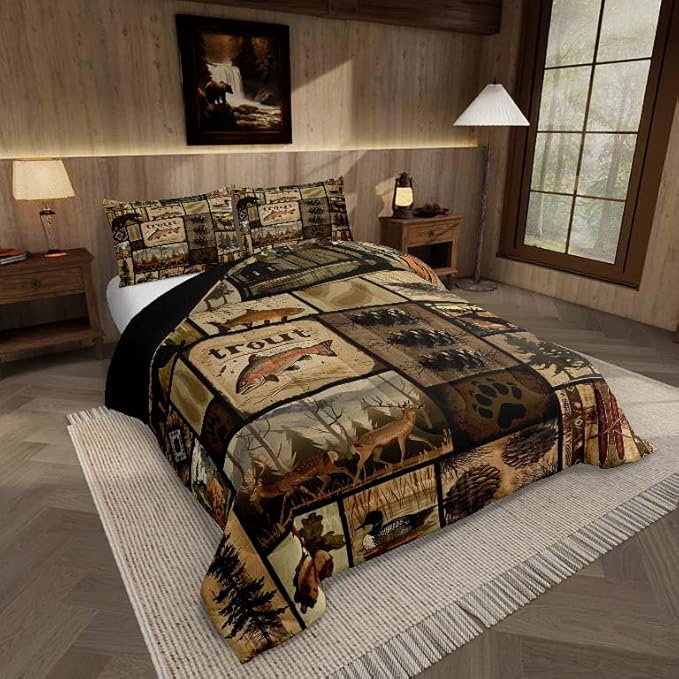 Feelyou Wild Animal Comforter Set Twin Size, Wildlife Hunting Quilt Set Bear Deer Eik Fish Duck Hunting Bedding Set for Kids Boys Teens Room Decor, Wooden Board Farmhouse Duvet Insert