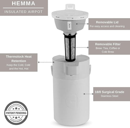 Hastings Collective Airpot Coffee Dispenser with Pump 2.5 Liter - Insulated Stainless Steel Thermal Coffee Carafe 12 Hour Hot/24 Hour Cold - Hot Beverage Dispenser for Water Coffee Tea (White)