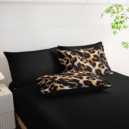 7 Piece Leopard/Cheetah Zebra Print King Size Comforter and Sheets Set，Leopard Print Bedding Set King，(1 Comforter, 1 Flat Sheet, 1 Fitted Sheet, 2 Pillowcase and 2 Pillow Sham)