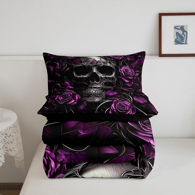 Erosebridal Adults Gothic Comforter Set Bohemian Boho Goth Toddler Bedding Set Vintage Skull Bed Sets Violet Red Rose Baroque Victorian Romantic Rose Duvet Insert,Halloween Gothic Bedroom Decor