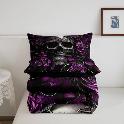 Erosebridal Adults Gothic Comforter Set Bohemian Boho Goth Queen Bedding Sets Vintage Skull Bed Sets Violet Red Rose Baroque Victorian Romantic Rose Duvet Insert,Halloween Gothic Bedroom Decor