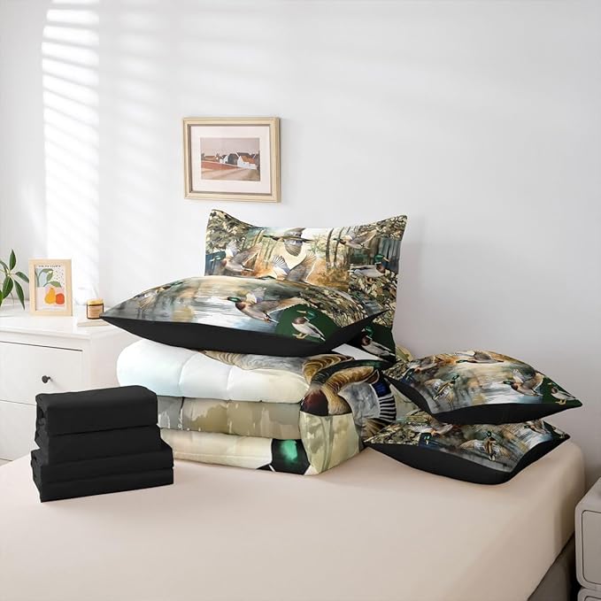Lake Cabin Bed in a Bag King Size Comforter Set 7 Pieces,Mallard Duck Bedding Sets Mens Country Tree Branch Camouflage Comforter and Sheet Set, Woodland Animals Hunting Bed Sets,Rustic Farmhouse Decor