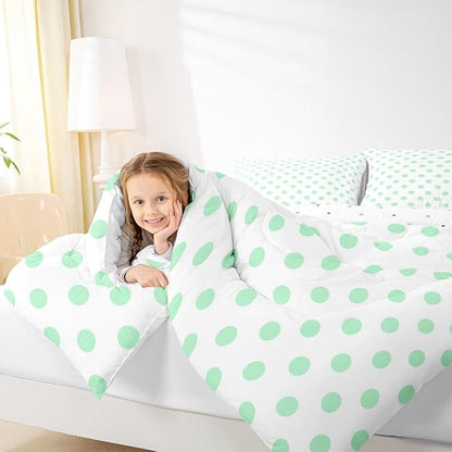 Manfei Green Polka Dots Comforter Set Twin Size 2 Pcs,Geometric Circles Green White Simple Art Bedding Set,Cartoon Dots French Style Lovely Quilt Set for Child Bedroom,1 Pillowcase