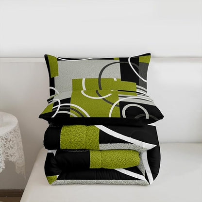 Circles Swirls Comforter Set King For Bedroom Decor Green Yellow Beddings Geometric Square Gromment Quilt Black Gray Patchwork Duvet Insert Modern Graphic Texture Down Comforter With 2 Pillowcases