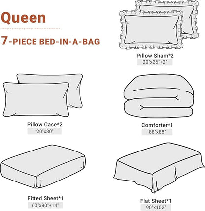 JOLLYVOGUE Queen Comforter Set 7 Pieces, Burnt Orange Bed in a Bag Comforter Set for Bedroom, Bedding Comforter Sets with Comforter, Sheets,Ruffled Shams & Pillowcases