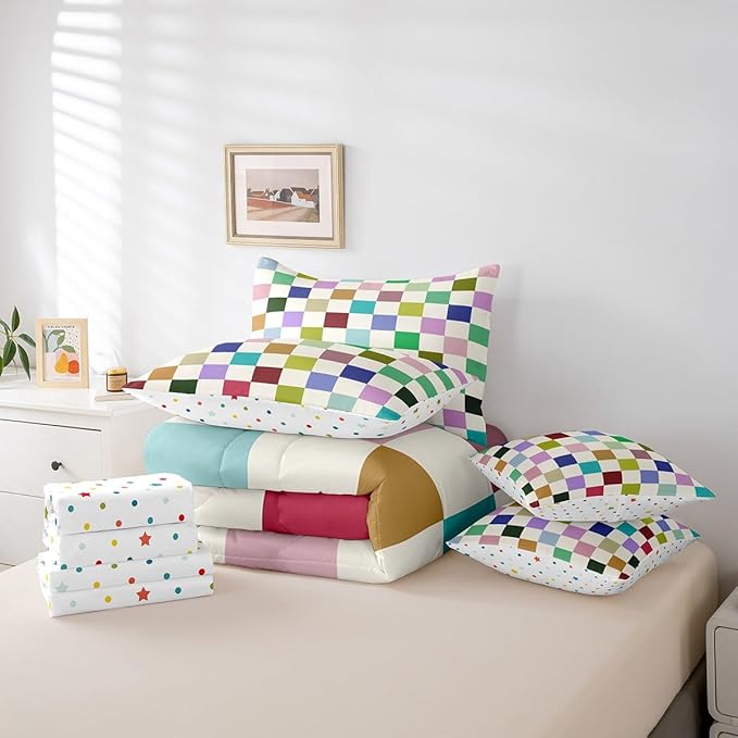 Feelyou Colorful Checkered 7 Piece Bedding Set Teen Retro Modern Geometric Colorful Comforter Set with Sheets King Size Kids Boys Cute Neutral Plaid Bed in a Bag Vintage Aesthetic Room Decor