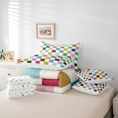 Feelyou Colorful Checkered 7 Piece Bedding Set Teen Retro Modern Geometric Colorful Comforter Set with Sheets King Size Kids Boys Cute Neutral Plaid Bed in a Bag Vintage Aesthetic Room Decor