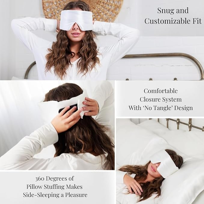 Padded Silk Sleep Mask, Total Blackout Liner Blocks Light, Lightweight, 100% Silk 22 Momme, Soft Lightweight Stuffing Feels Like a Cloud on Your Eyelids (Pearl White)
