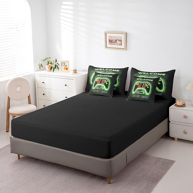 jejeloiu Green Gamer Gaming 7 Piece Bedding Set King Size for Boys Game Console Comforter Set with Sheets Kids Teens Neon Light Bed in a Bag Cool Game Room Decor Bed Set