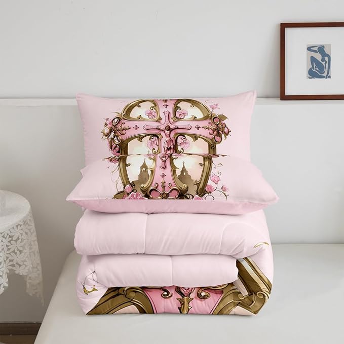 Erosebridal The Cross Theme Comforter Set, Patriotic Style Bedding Set King Size for Kids Girls Women Bedroom Decor, Rose Flower Down Comforter Romantic Floral Quilt, Pink