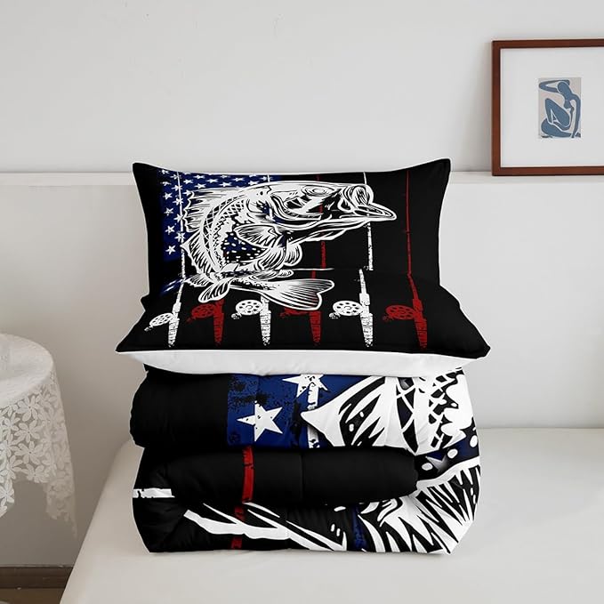 Big Pike Fish Bedding Set Bass Fish American Flag Comforter Set Hunting and Fishing Pattern Duvet Insert for Kids Boys Girls Teens Farmhouse Pike Fishing Quilt Red Blue Stripe Comforter King Size