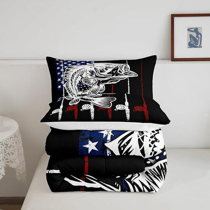 Big Pike Fish Bedding Set Bass Fish American Flag Comforter Set Hunting and Fishing Pattern Duvet Insert for Kids Boys Girls Teens Farmhouse Pike Fishing Quilt Red Blue Stripe Comforter King Size