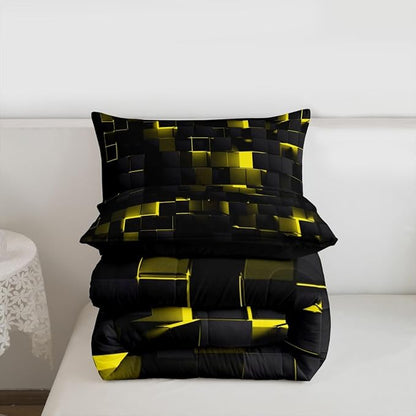 Erosebridal Black Yellow Comforter Set Twin Neon Geometric Checkered Bedding Set for Kids Adults Abstract Stereoscopic Grids Quilt Square Plaid Bed Set 2 Pcs Gamer Room Decor