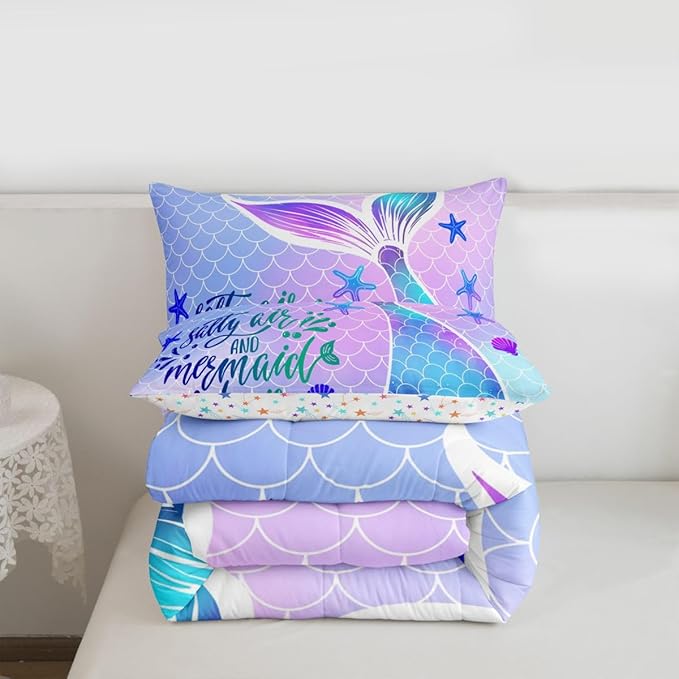 Mermaid Tail Comforter Set Kids Girls Fish Scales Cute Bedding Set Twin,Girly Shell Starfish Duvet Insert Ocean Life Sea Animal Duvet Stuffing Pastel PInk Teal Blue Purple Kawaii Room Decor