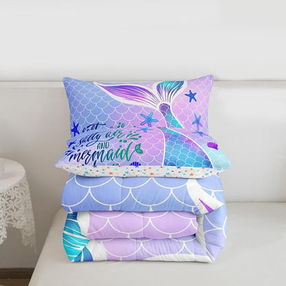 Mermaid Tail Comforter Set Kids Girls Fish Scales Cute Bedding Set Twin,Girly Shell Starfish Duvet Insert Ocean Life Sea Animal Duvet Stuffing Pastel PInk Teal Blue Purple Kawaii Room Decor