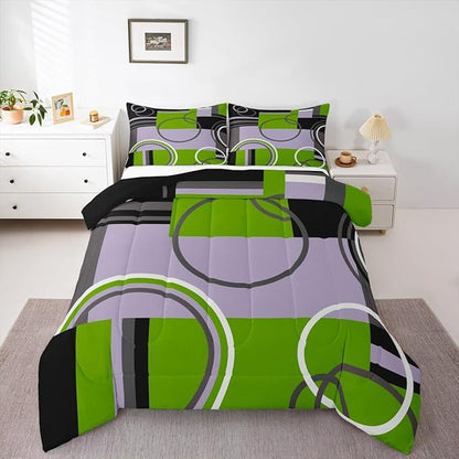 Erosebridal Modern Green Grey Black Comforter Sets Full Abstract Swirls Spiral Bedding Set Stripes Quilt Curved Lines Duvet Insert Stylish Grid Gromment Patchwork Quilted Comforter with 2 Pillowcases