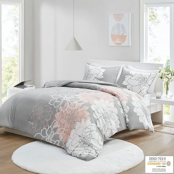 Madison Park Delilah Sateen Cotton Comforter Set, Breathable, Soft Cover, Modern Print, All Season Down Alternative Cozy Bedding with Matching Shams, King/ Cal King, Grey/Blush 3 Piece