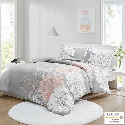 Madison Park Delilah Sateen Cotton Comforter Set, Breathable, Soft Cover, Modern Print, All Season Down Alternative Cozy Bedding with Matching Shams, King/ Cal King, Grey/Blush 3 Piece