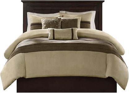 Madison Park Palmer Comforter Set - Faux Suede Design, Striped Accent, All Season Down Alternative Bedding, Matching Shams, Decorative Pillow, Bed Skirt, Full (82 in x 90 in), Natural 7 Piece