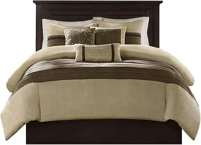 Madison Park Cozy Comforter Set-Luxury Faux Suede Design, Striped Accent, All Season Down Alternative Bedding, Matching Shams, Decorative Pillow, Natural, California King (104 in x 92 in)