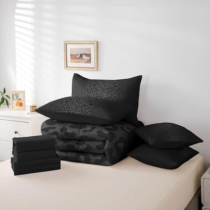 Erosebridal Black Ombre Grey Leopard Print Full Comforter Set 7 Pieces | Animal Skin Pattern Bed in A Bag for Bedroom Women Men Adults Bedding Set with Comforters Cheetah Fur Room Decor