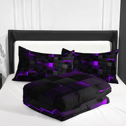 Neon Purple Black Comforter Set Queen Geometric Kids Bedding Set,3 PCS Geometry Honeycomb Bed Set Modern Quilt Set 1 Comforter 2 Pillow Cases Cool Room Decor All Season B-Side Black
