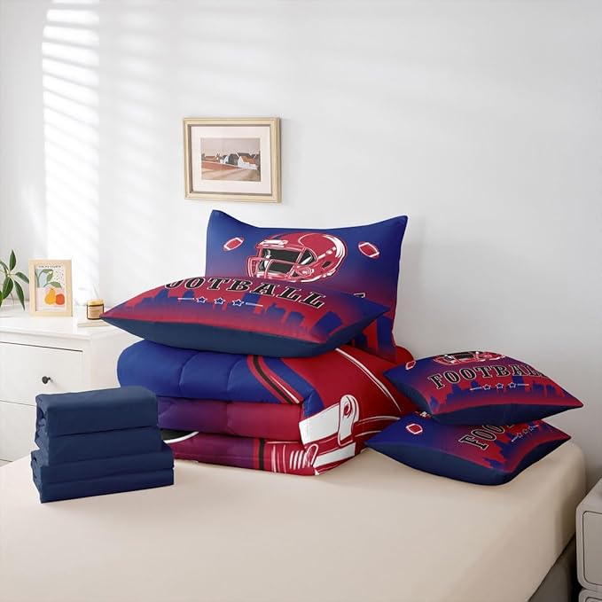 Erosebridal Football Full Comforter Set with Sheets for Boys Girls,American Sports Rugby 7 Pcs Bedding Set for Kids Teen Adults Room Decor,Ball Sports Games Bed in A Bag Football City Bed Set