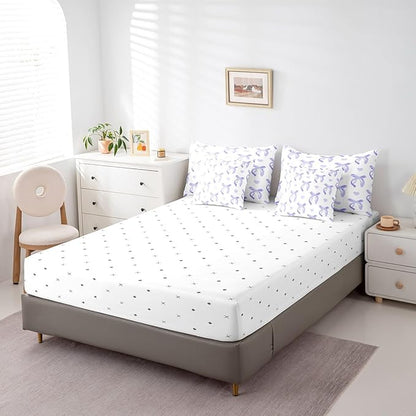 jejeloiu Cute Purple Bow 7 Piece Bedding Set King Size Ribbon Bow Comforter Set with Sheets for Kids Women Cartoon Love Heart Bed in a Bag Purple White Bed Set