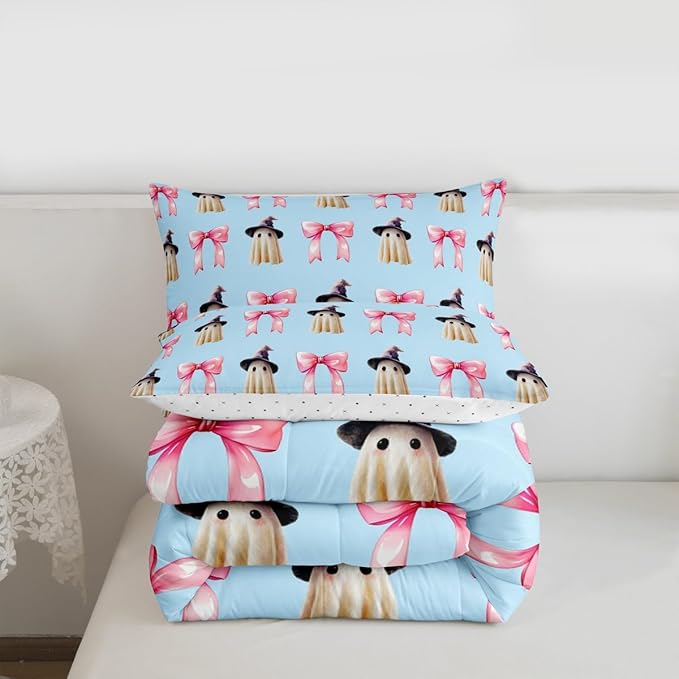 Erosebridal Halloween Ghost Bedding Set Queen, Ghost with Wizard Hat Pink Bow Comforter Set, Cute Blue Spooky Comforter for Kid Boys Girls Teens Women Kawaii Room Decor, Halloween Decorations Quilt