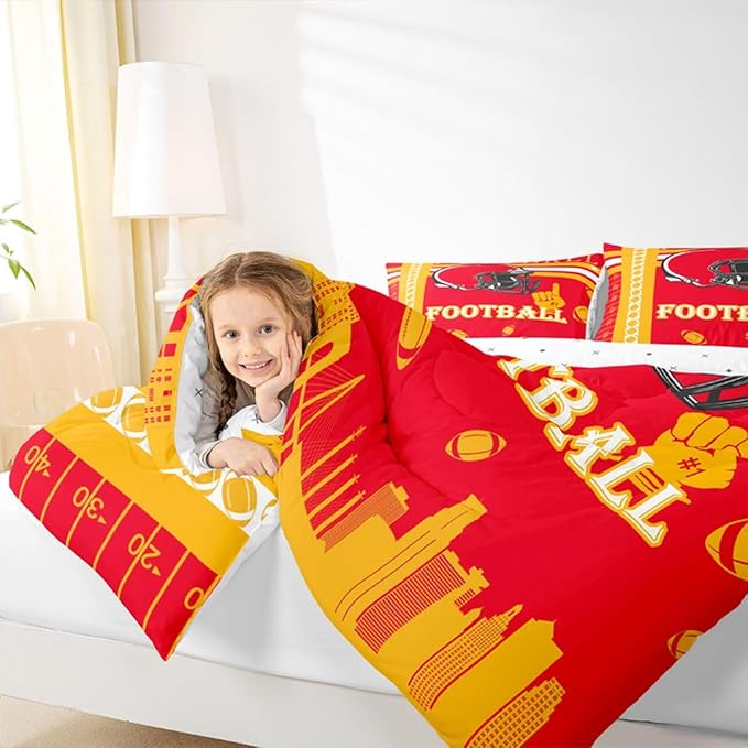 Feelyou Football Bedding Set Boys Girls King Size Sports Theme Women Men Rugby Sports Comforter Football City Duvet Quilt Yellow Red Room Decor
