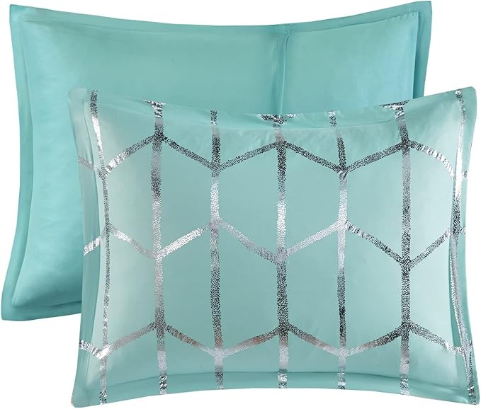 Intelligent Design Raina King / Cal King Comforter Set, Soft Microfiber Comforter Set King, Modern Geometric Metallic Bed Set, 5 Pieces College Bedding Comforter Set with 2 Shams, 2 Toss Pillows Aqua