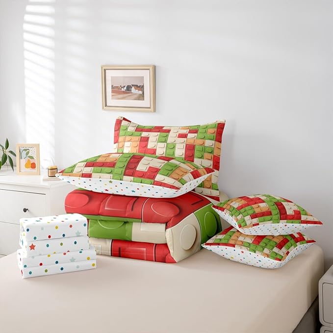 Feelyou Building Block Print 7 Piece Bedding Set King Size Kids Brick Styles Comforter Set with Sheets for Boys Teens Colorful Gaming Bed in a Bag Green Red Yellow Room Decor