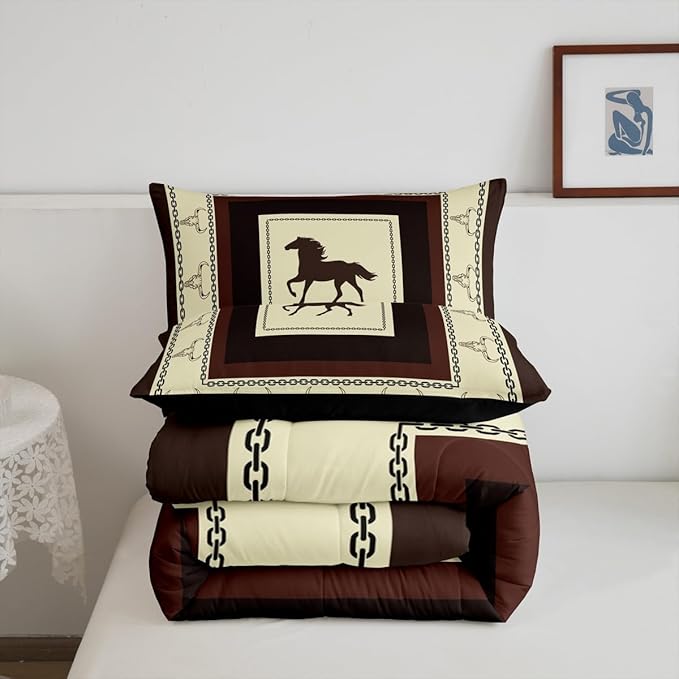 Feelyou Horse Comforter Set for Girls Boys Kids King Size Western Decor Comforter Room Decorative Wild Western Cowboy Longhorn Skull Rodeo Cowboy Style Bedding Set Brown Duvet Set 3Pcs Quilt Set