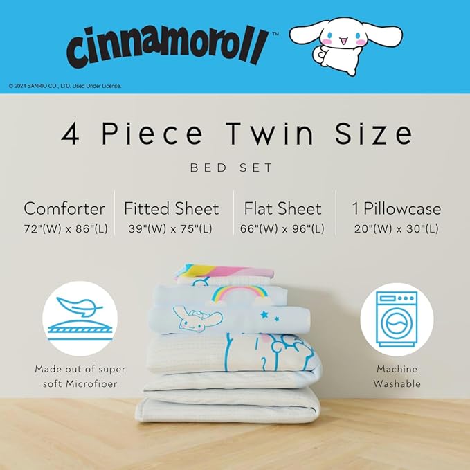 Cinnamoroll Bedding - 4 Piece Twin Size Bed Set - Super Soft Microfiber Comforter and Sheet Set, (Officially Licensed Product) by Franco Collectibles