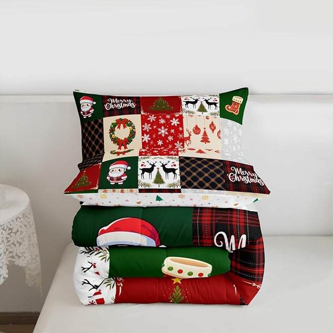 Merry Christmas Comforter Set Full Size,Xmas Deer Santa Claus Pine Tree Bedding Set for Kids Girls Boys Red Green Grid Patchwork Plaid Quilt Set Winter Snowflake Duvet Insert,2 Pillowcases