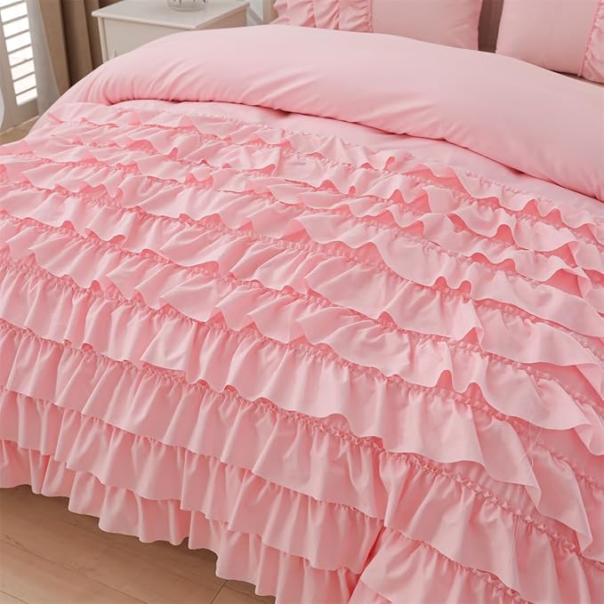 Holawakaka Pink Waterfall Ruffle Comforter Set Full Size Multi-Layers Ruffled Shabby Chic 3PCS Bedding Set for Girls Women