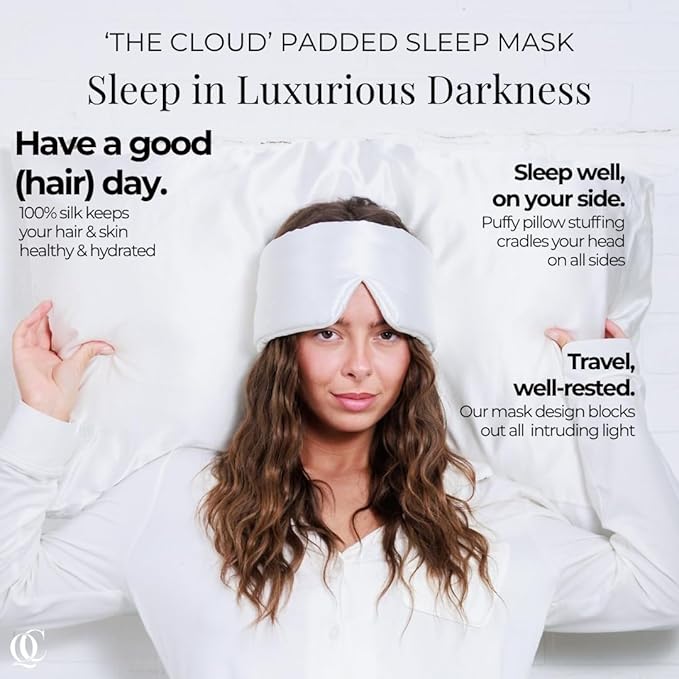 Padded Silk Sleep Mask, Total Blackout Liner Blocks Light, Lightweight, 100% Silk 22 Momme, Soft Lightweight Stuffing Feels Like a Cloud on Your Eyelids (Pearl White)