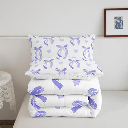 jejeloiu Cute Purple Bow Bedding Set Twin Size Ribbon Bow Comforter Set for Kids Women Cartoon Love Heart Duvet Set Purple White Quilt Set 2Pcs