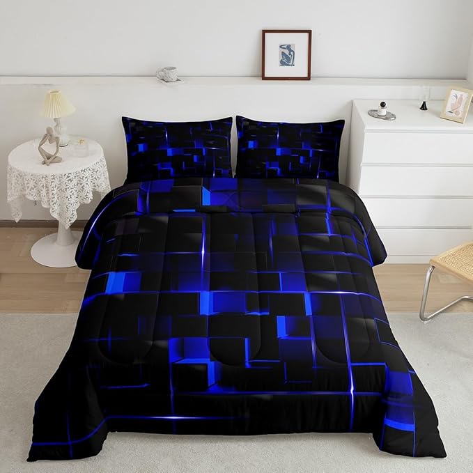 Erosebridal Neon Blue Black Comforter Set Twin Size 2 Piece Geometric Kids Bedding Set Honeycomb Comforter for Teens Women Adult Bedroom Decor, Aesthetics Modern Quilt