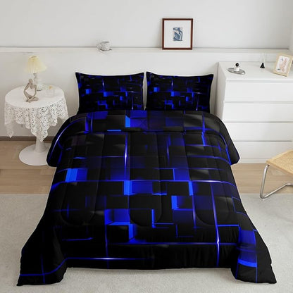 Erosebridal Neon Blue Black Comforter Set Full Size 3 Piece Geometric Kids Bedding Set Honeycomb Comforter for Teens Women Adult Bedroom Decor, Aesthetics Modern Quilt