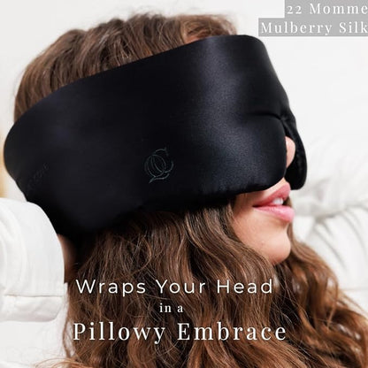 3D Silk Sleep Mask, Sleep Longer in Total Darkness and Comfort. Total Blackout Liner Blocks Light, Lightweight, 100% Silk 22 Momme, Foam Countour Does Not Crush Eyelashes (Obsidian Black)