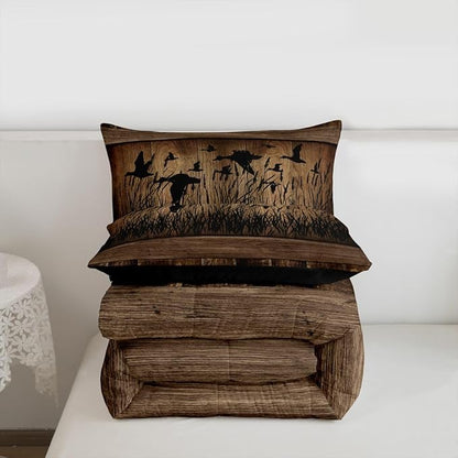Erosebridal Mallard Duck Hunting Twin Size Comforter Set Farmhouse Lodge Bedding Set Rustic Cabin Bedding Comforter Sets,Brown Country Wooden Stone Quilt 2 Pcs