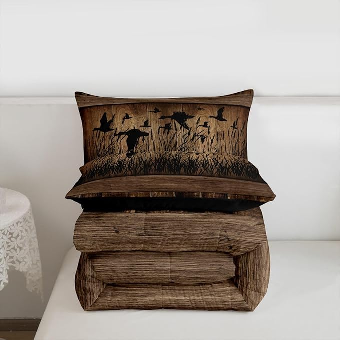 Erosebridal Mallard Duck Hunting Toddler Size Comforter Set Farmhouse Lodge Bedding Set Rustic Cabin Bedding Comforter Sets,Brown Country Wooden Stone Quilt 2 Pcs