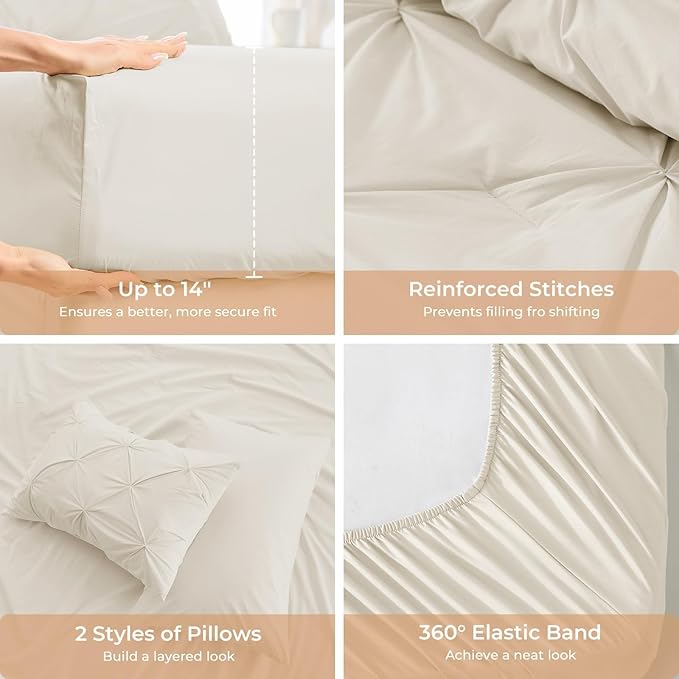 Sasttie Full Size Comforter Set, 7-Piece Bed in a Bag Double, Pintuck Bedding Set for All Season, Includes Comforter, Flat Sheet, Fitted Sheet, Pillowcases and Pillowshams, Beige