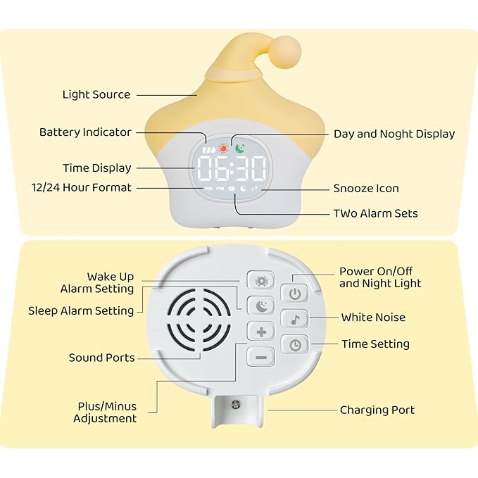 Star Alarm Clock with Night Light for Kids with Sleep Training and Sound Machine, Rechargeable Silicone Lamp OK to Wake Clock，Cute Animal Tabletop Lamp, Perfect Sleep Companion for Boys Girls, Yellow