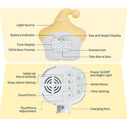 Star Alarm Clock with Night Light for Kids with Sleep Training and Sound Machine, Rechargeable Silicone Lamp OK to Wake Clock，Cute Animal Tabletop Lamp, Perfect Sleep Companion for Boys Girls, Yellow